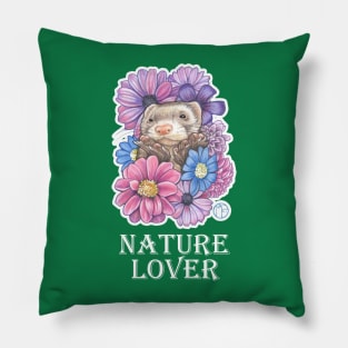 Ferret And Flowers - Nature Lover - White Outlined Version Pillow