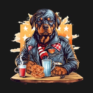 A stylish patriotic t-shirt design with a Rottweiler Dog on a cafe racer motorcycle T-Shirt