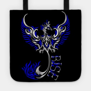 Rise up like a Phoenix from the ashes. Silver and Blue Phoenix in a Tribal / Tattoo Art style Tote