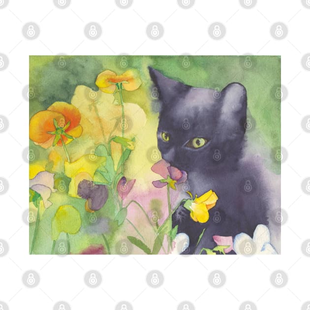 Cat With Flowers, watercolor painting by Sharon Rose Art