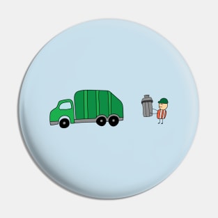 funny garbage man holding trash bin with garbage truck Pin