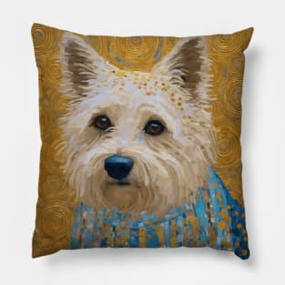 Gustav Klimt Style White Dog with Geometric Blue Garment Pillow