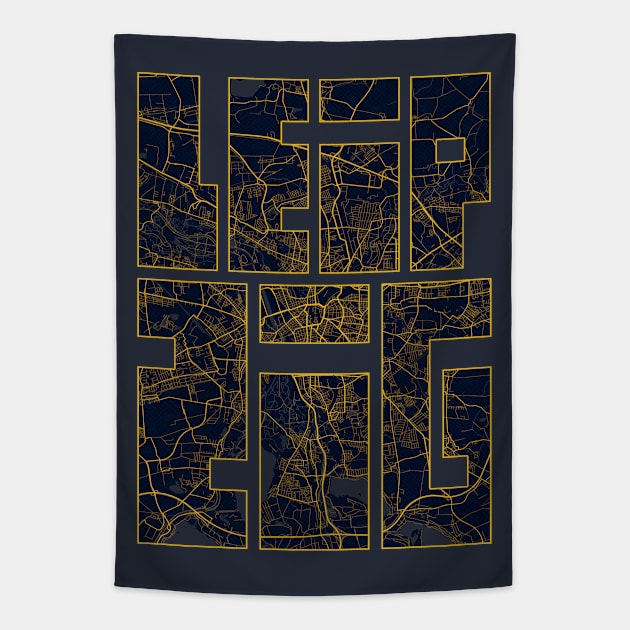 Leipzig, Germany City Map Typography - Gold Art Deco Tapestry by deMAP Studio