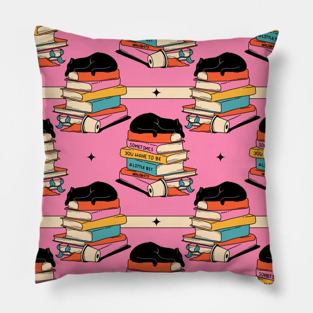 Books and Plant Black Cat Pattern in pink Pillow by The Charcoal Cat Co.