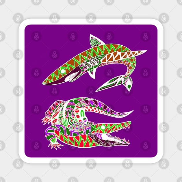 the kings of the swamp the shark and the alligator ecopop art Magnet by jorge_lebeau