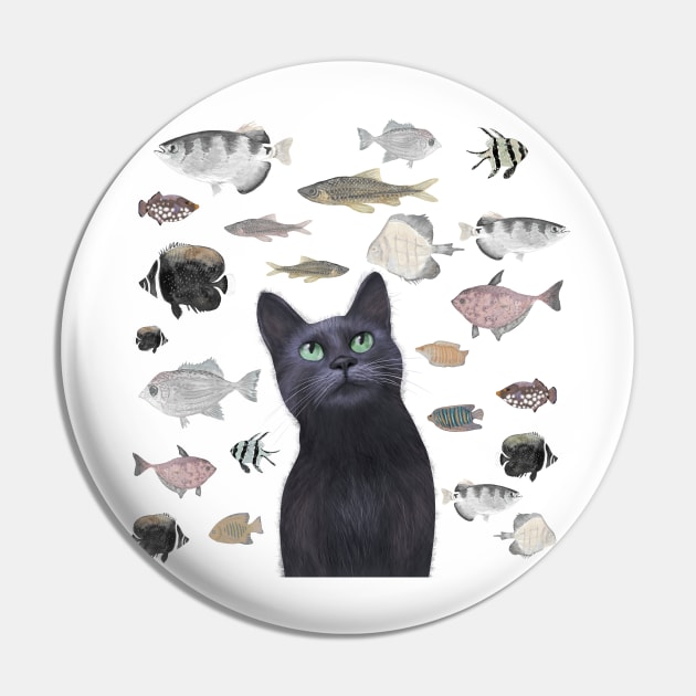 Birthday Black Cat and the Party Fish Gift Pin by andreeadumez