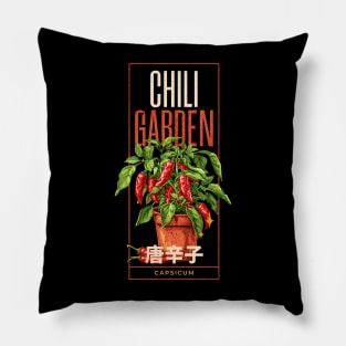 Chili garden design with a chili plant, CAPSICUM, chili fruits and japanese text japanese Typography orange style Pillow