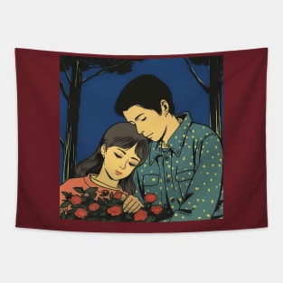 Lovely Couple with Flowers Illustration Tapestry