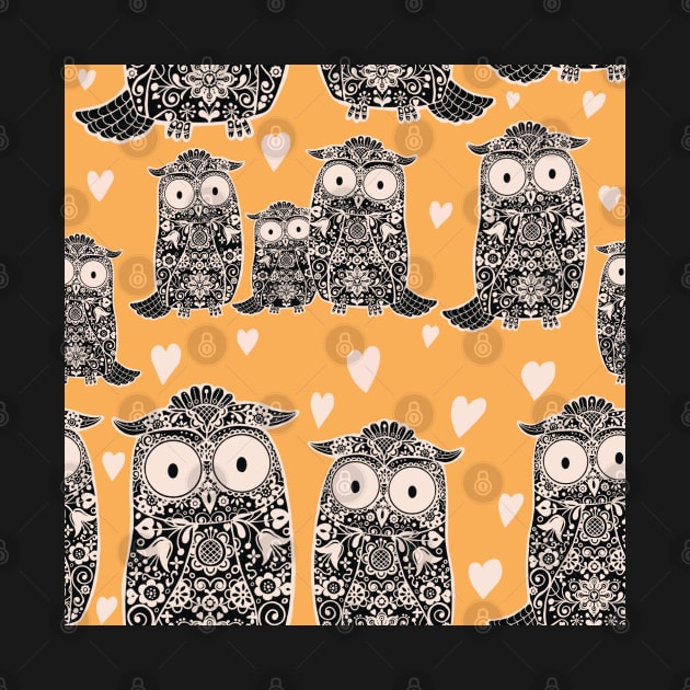 Folk Art Owls, Owlets and Hearts Pattern on Yellow by NattyDesigns