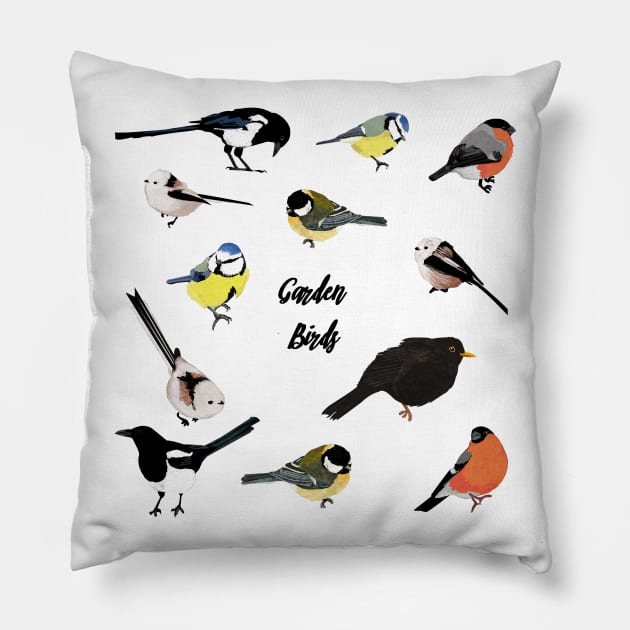 Garden birds Pillow by KatherineBlowerDesigns