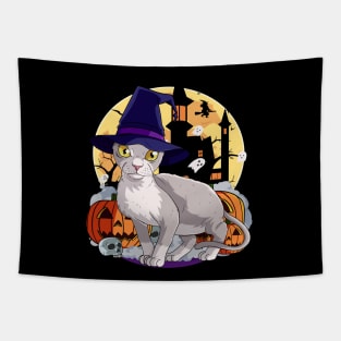 Devon Rex Cat Funny Halloween Witch Pumpkin Tapestry