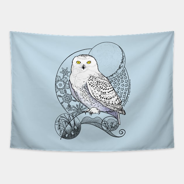 Snowy Owl Doodle in a wintery scene Tapestry by mernstw