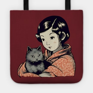 Lovely asian young girl with cat Tote