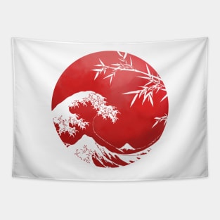 Vintage comic Japanese flag with Great Wave off Kanagawa and bamboo | Nature Tapestry