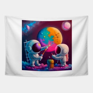 Cute Astronauts Painting The Moon Tapestry