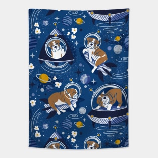 Intergalactic doggie dreams // pattern // classic blue background white and bronze English Bulldogs goldenrod yellow denim and pastel blue planets and space ships Tapestry