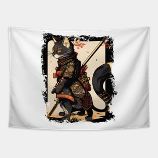 Cat Samurai Katana Sword And Japanese Kanji - Cat Lover Tapestry