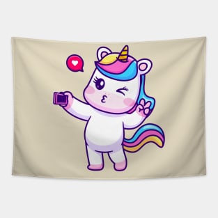 Cute Unicorn Selfie With Phone Cartoon Tapestry