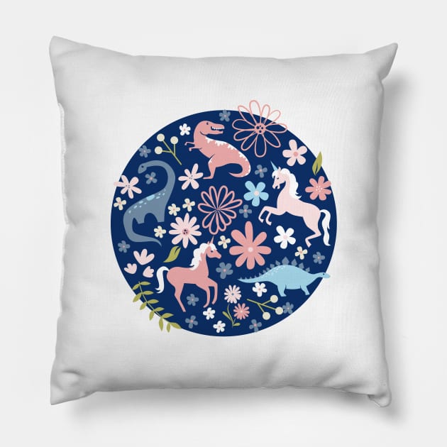 Dinosaur + Unicorn on Royal Blue Pillow by latheandquill