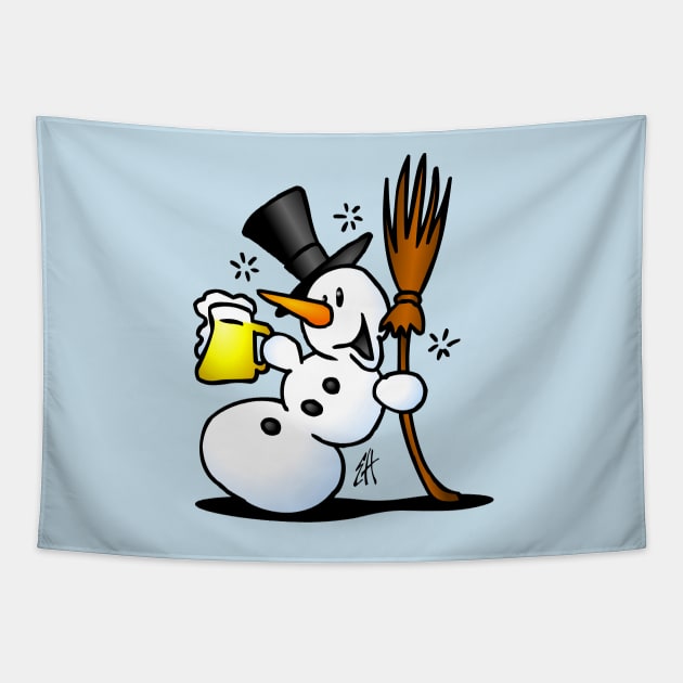 Snowman drinking Tapestry by Cardvibes