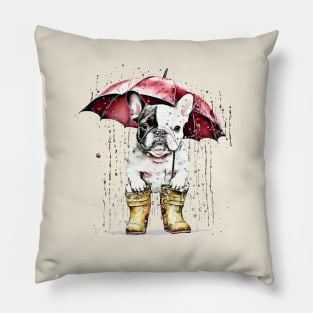 Cute french bulldog under the rain with red umbrella, vintage style, frenchie mon, frenchie dad, frenchie on vintage sun Pillow