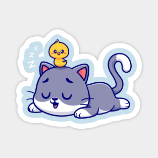 Cute Cat Sleeping With Chick Cartoon Magnet