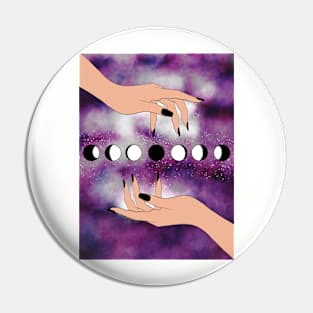 Moon Phases with Galaxy Background and Hands Pin