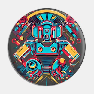 A piece that incorporates both retro and futuristic elements, such as robots and neon colors with a vintage twist. Pin