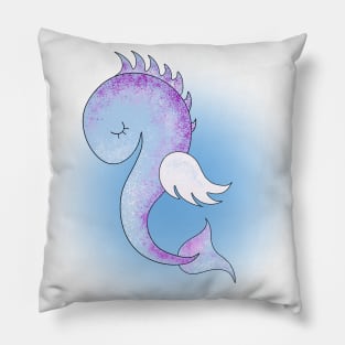 Sleepy purple seahorse on white and blue background. Design. Pillow