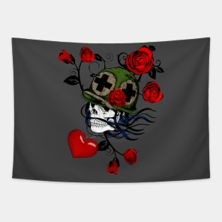 tattoo style skull with roses Tapestry