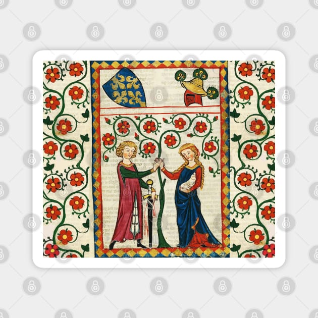 GERMAN POET WITH HIS BELOVED LADY ,MEDIEVAL MINIATURE WITH WILD ROSES Magnet by BulganLumini