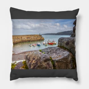 Clovelly Stone Wall And Fishing Boats, Devon, England Pillow