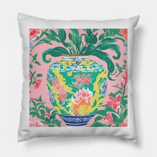 Yellow chinoiserie jar on pink Pillow