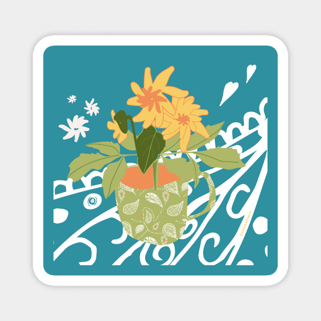 Pot Plant And Paisley On Teal. Magnet by SalsySafrano