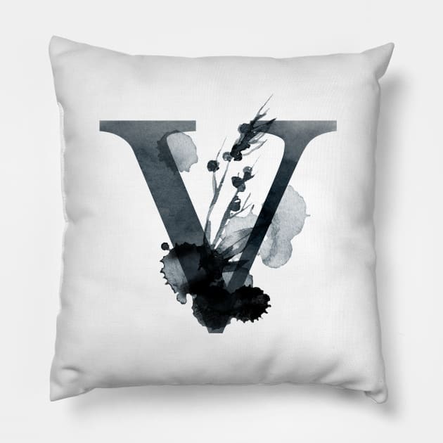 Floral Monogram V Dark Herbs And Flora Pillow by floralmonogram