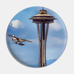 Seaplane landing past the Seattle Space Needle Pin