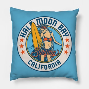 Vintage Surfing Badge for Half Moon Bay, California Pillow