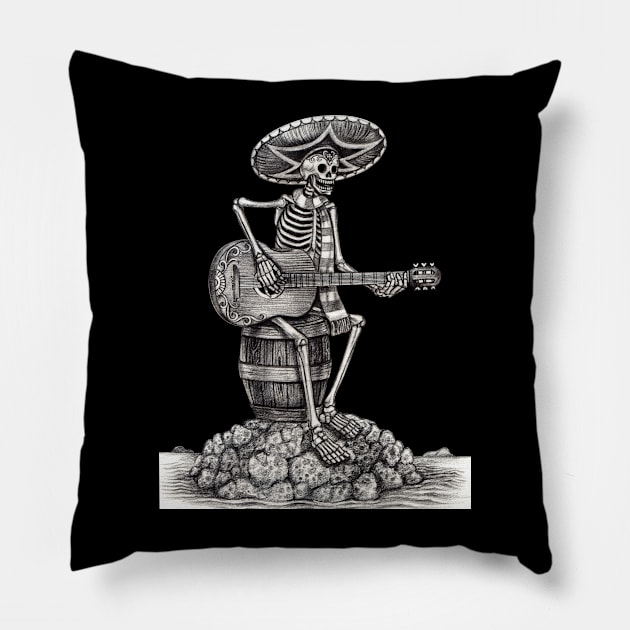 Sugar skull playing guitar on an island day of the dead. Pillow by Jiewsurreal