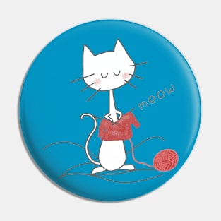 White Knitting Cat - Teal Pin