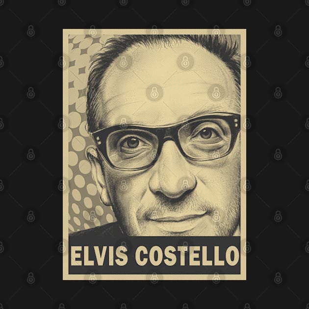 brown cream Elvis Costello retro art (exlusive) by oeyadrawingshop