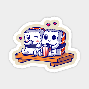 Cute Couple Sushi Eating Popcorn Cartoon Magnet