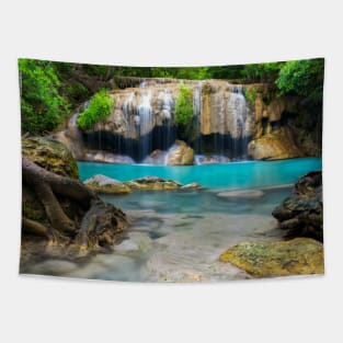 SCENERY 28 - Clear Blue Waterfall Around Green Forest Tapestry