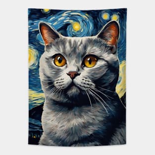 Adorable British Shorthair Cat Breed Painting in a Van Gogh Starry Night Art Style Tapestry