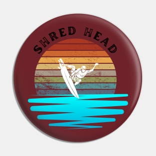 Retro Sunset With Surfer On The Open Wave Pin