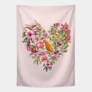 Pink Floral Heart with Yellow Parrot Tapestry