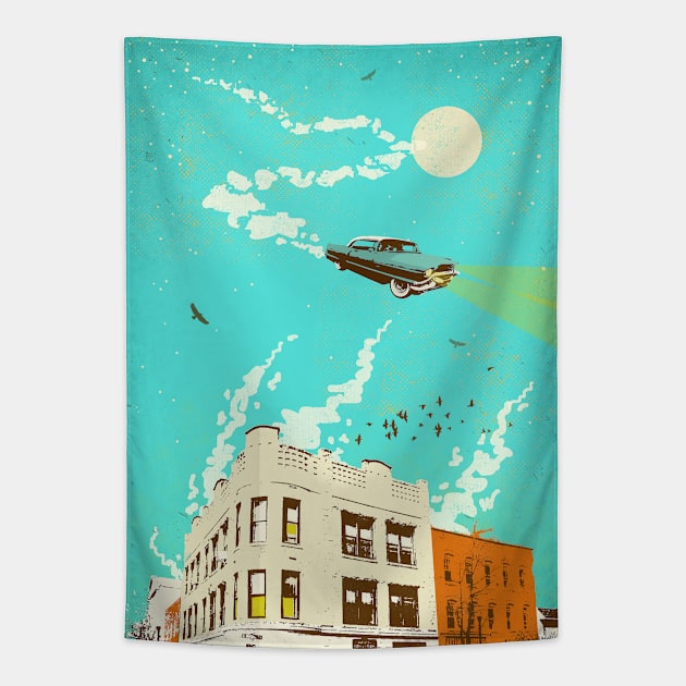 VINTAGE FLYING CAR Tapestry by Showdeer