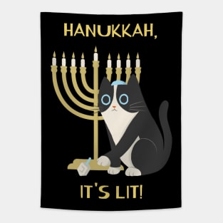 Hanukkah, It's Lit! Dreidel Chanukah Jewish Cat Menorah Tapestry