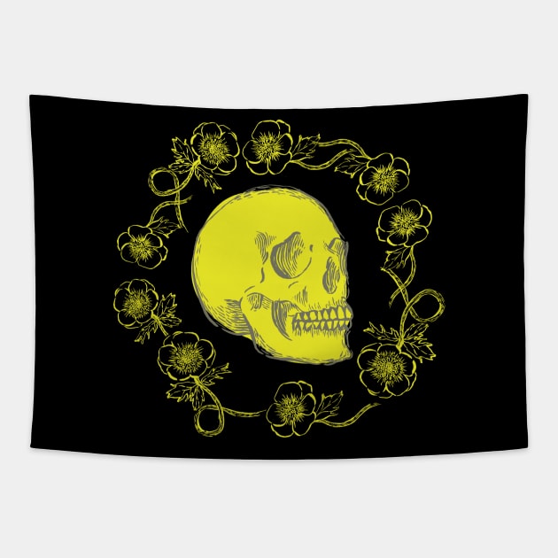 Skulls and Anemones Neon Yellow Bright Tapestry by Cecilia Mok