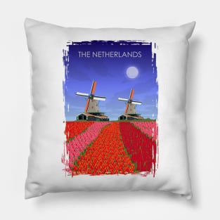 The Netherlands Vintage Minimal Retro Windmills Tulips Travel Poster Pillow