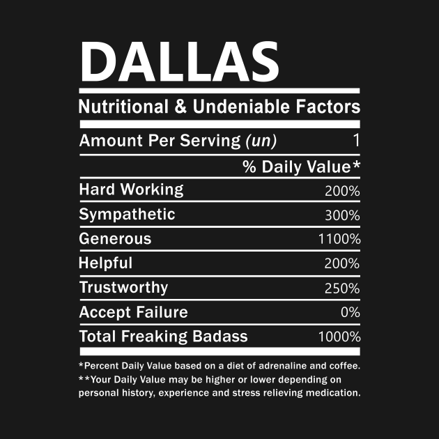 Dallas Name T Shirt - Dallas Nutritional and Undeniable Name Factors Gift Item Tee by nikitak4um